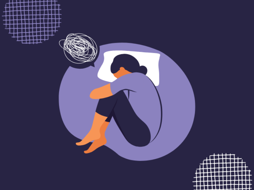 A young woman lying in bed with a somber expression, symbolizing depression and emotional exhaustion in a dimly lit room.